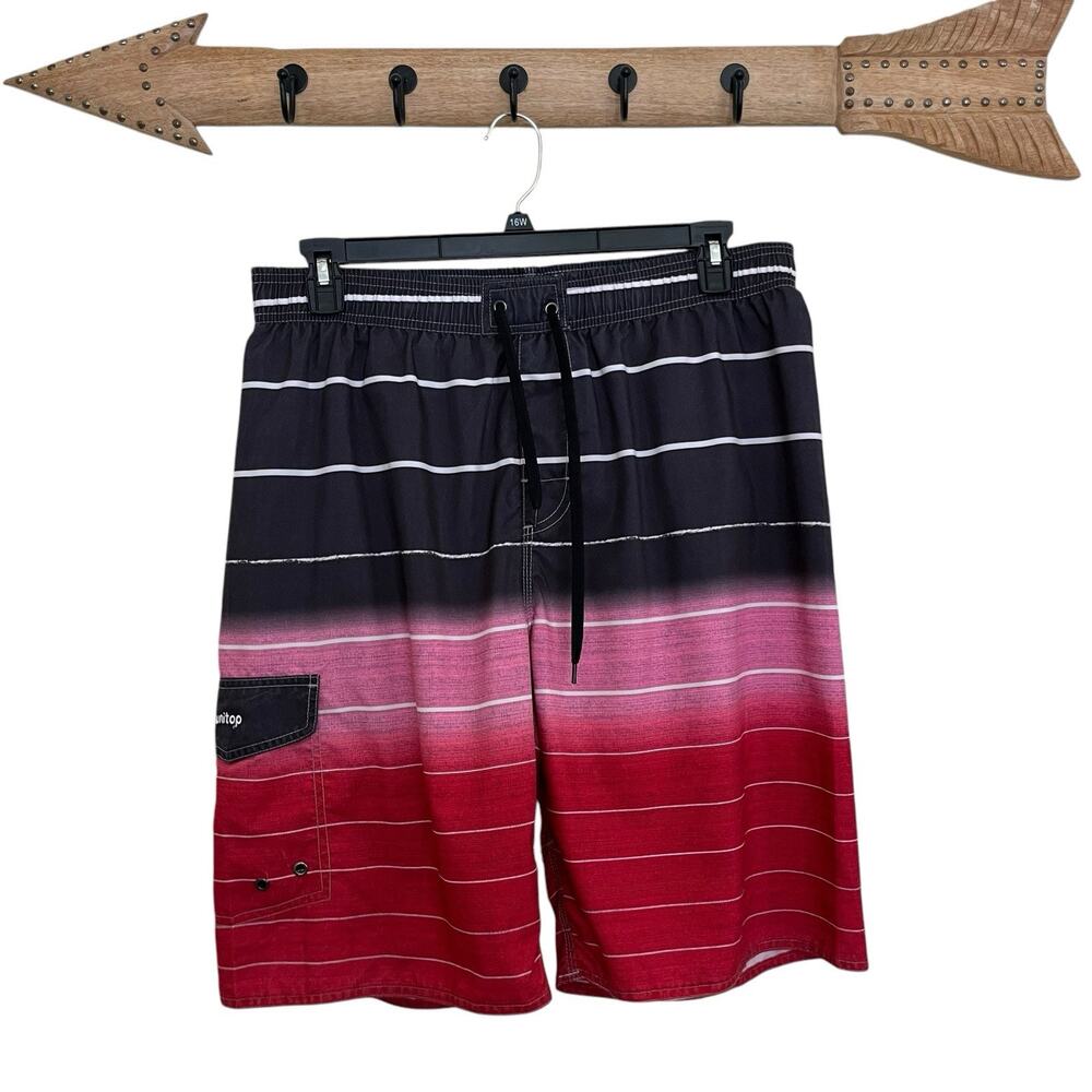 Unitop | Red Pink Colorblock Lined Swim Trunks Size 38 Striped Drawstring